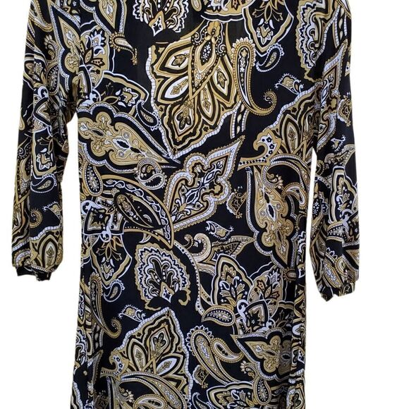 INC blouse womens size small black gold dark square neck retro vegas vibes top - Picture 2 of 6